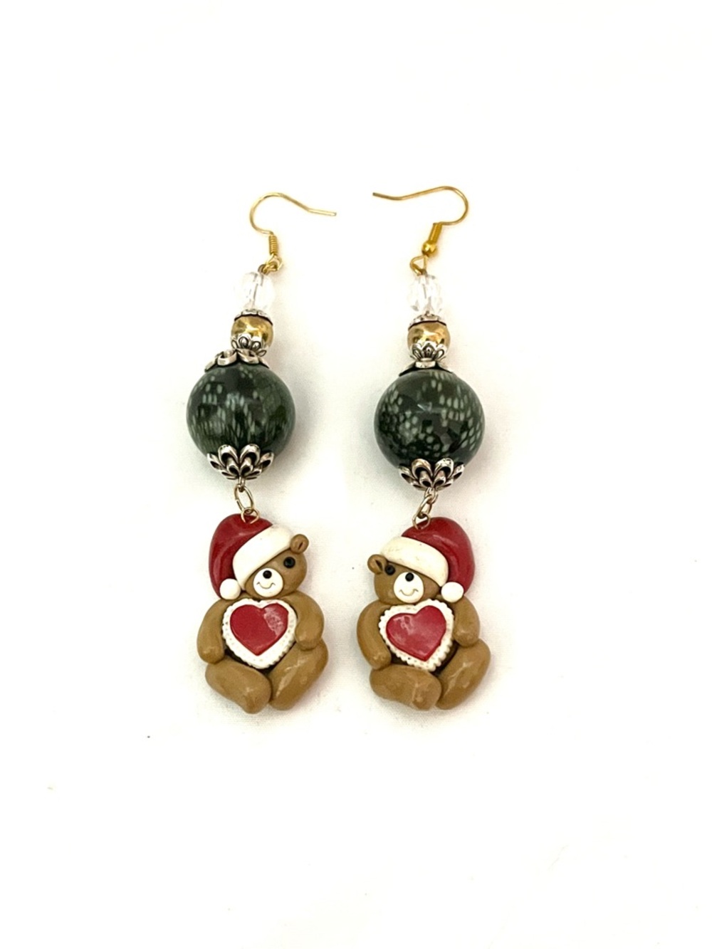 Christmas Bear Earrings Holiday Charm Green Gold Beads 18K Hooks Gifts.